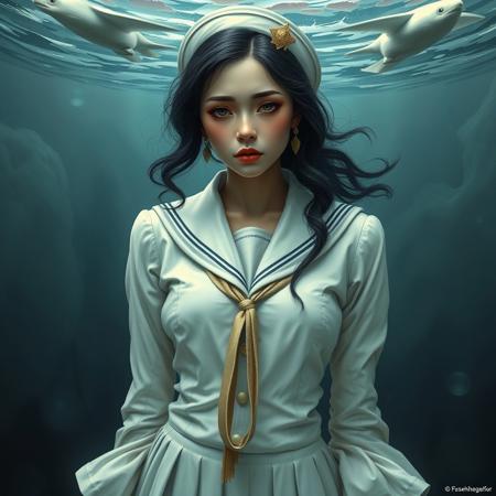 Create a high-quality, 8k, hyperdetailed artwork of a fancy woman in a sailor uniform, standing in a deep sadness pose, within a Different Dimension Deepsea Trench setting. Incorporate a white and gold color scheme, with a focus on micro details, lifelike details, and adherence to the golden ratio. The artwork should evoke a sense of suffering and derangement, while maintaining a surrealistic and dramatic tone. Adopt the style of artists like Charlie Bowater, Tom Bagshaw, Lawrence Alma-Tadema, Greg Rutkowski, and Tyler Edlin.