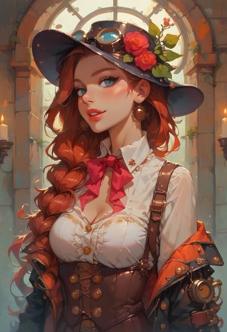 score_9, score_8_up, score_7_up, score_6_up, half- body portrait, detailed beautiful steampunk, The image depicts a young woman with long, flowing auburn hair, set against a backdrop of a vintage laboratory or workshop. She is dressed in a steampunk-inspired outfit that includes a light-colored blouse and high-waisted shorts, complemented by a belt with various pouches and accessories. 
She wears a green cap with goggles resting on top, adding to the adventurous aesthetic. The scene is illuminated by soft, ambient lighting, with an array of glass bottles filled with colorful liquids and cluttered work surfaces showcasing tools and notes. The large windows in the background reveal a foggy outdoor setting, enhancing the mysterious and atmospheric vibe of the image.