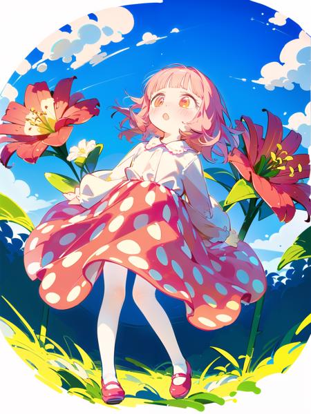 <lora:Dreaming1.2:0.7> DMary, polka dot outfit, white pantyhose, pink shoes, solo, full body, blush, cloud, looking up, ;o grass, field, lily \(flower\), pink theme, round image