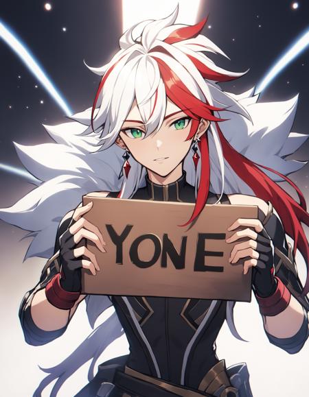 1boy, Yone, League of Legends, hrstlxks style, solo, male focus, two-tone hair, white hair, streaked hair, long hair, bangs, gloves, jewelry, green eyes, upper body, red hair, multicolored hair, earrings, black gloves, fingerless gloves, holding a sign, looking at viewer, cinematic lighting, cinematic angle, masterpiece, best quality , <lora:HeartsteelSDXL:0.8>