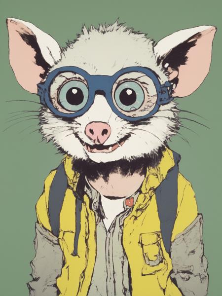 anthropomorphic possum punk rock kid in the 80s (fish eye lens)  <lora:Opossum-possum-000002:1> possum, (flat_color, anime, Masaaki Yuasa) <lora:flat_color:1>