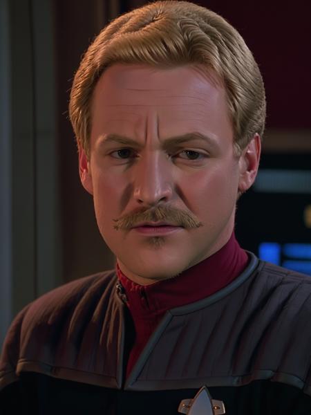 blond man,small moustache, in black and grey ds9st uniform,red collar<lora:DS9XLV21_16-000004:0.8>