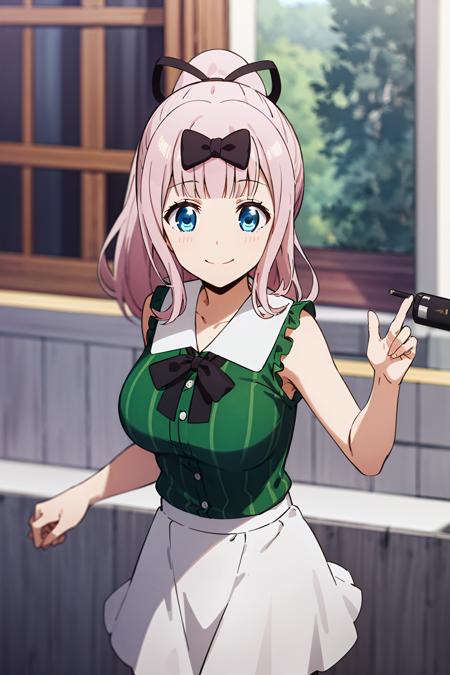 best quality, (masterpiece:1.2), detailed,
<lora:chara_Kaguya-samaWaKokurasetai_FujiwaraChika_v1:0.8>, fujiwara chika (kaguya-sama),
1girl, solo, closed mouth, smile,
pink hair, blue eyes, ponytail, ribbon,
sleeveless shirt, green shirt, white skirt,
standing, looking at the viewer,
outdoors