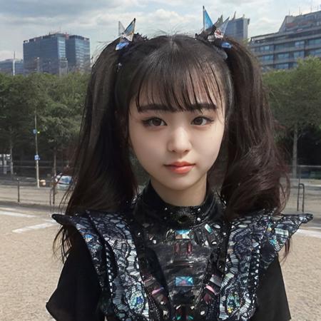 1girl,masterpiece, photorealistic, detailed, RAW color photo,(fully in frame:1.1),<lora:mo4kikuv4:1> young,idol, cute, twintails,black outfit, buildings around ,paris, hdr,asian