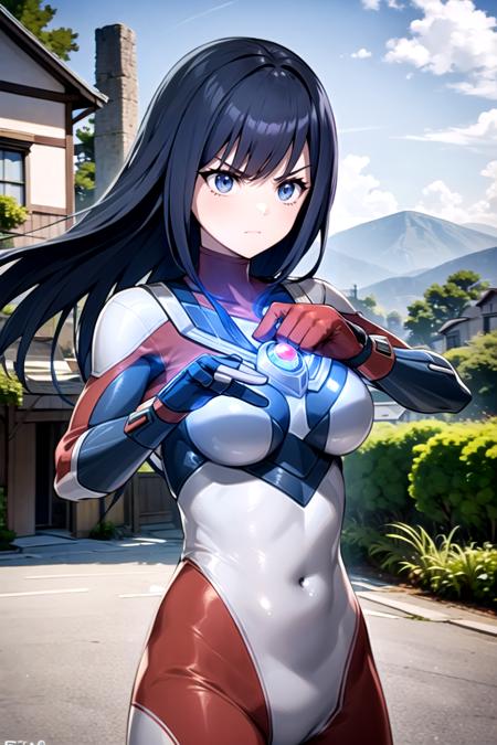 beautiful detailed 1girl, ultragirl, ultraman bodysuit, extremely detailed CG unreal engine 8k, best quality, (dynamic, detailed fingers, detailed hands, detailed face), all intricate, rural village behind, old houses, outside,
upper body, serious, fighting stance, soiled, damaged, standing, (clenched hands), arms reaching, 
<lora:Ultragirl-LoRA11:1>