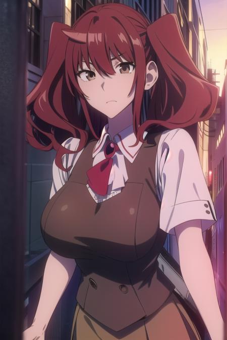 erikakuramoto, <lora:erikakuramototest:1>,
erika kuramoto, twintails, (red hair:1.5), two side up, (brown eyes:1.5), hair between eyes, (large breast:1.2),
BREAK collared shirt, shirt, ascot, red ascot, juliet sleeves, short sleeves, sweater, brown sweater vest,
BREAK looking at viewer,
BREAK indoors, classroom,
BREAK <lora:GoodHands-vanilla:1>, (masterpiece:1.2), best quality, high resolution, unity 8k wallpaper, (illustration:0.8), (beautiful detailed eyes:1.6), extremely detailed face, perfect lighting, extremely detailed CG, (perfect hands, perfect anatomy),