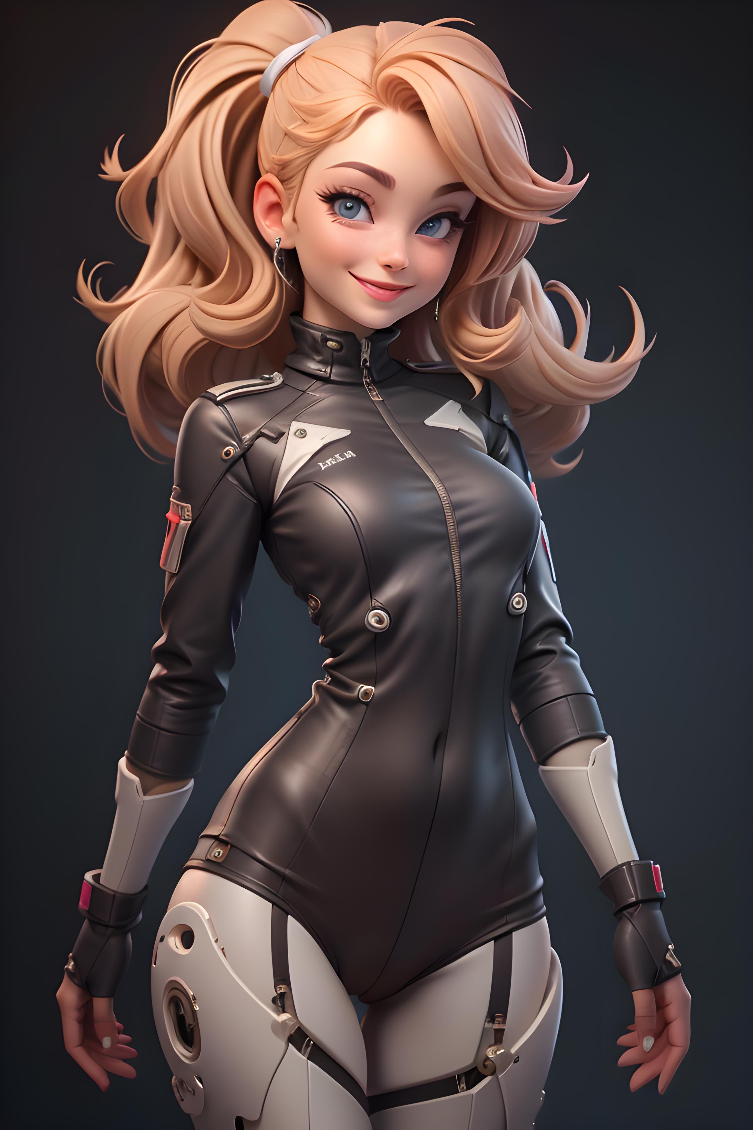 A digital illustration of a woman in a black leather outfit.