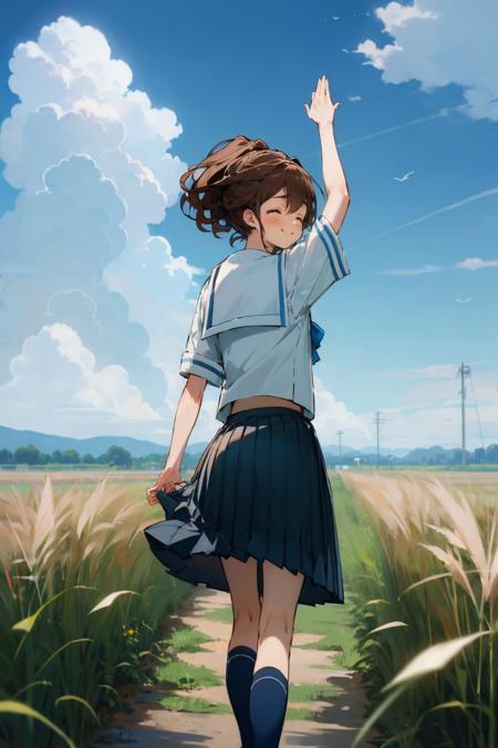 senomiya akiho serafuku, blue bow, pleated skirt, blue socks, loafers