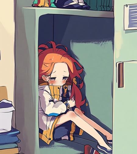 (in locker:1.2); sitting, 1girl in container, intricate details, orange hair, long hair, intricate details,
1girl, blush, book, bottle, floor,  in locker, jacket,  messy
<lyco:in_container-step-40000:1>  <lyco:HanaokaYuzuV012p:1>