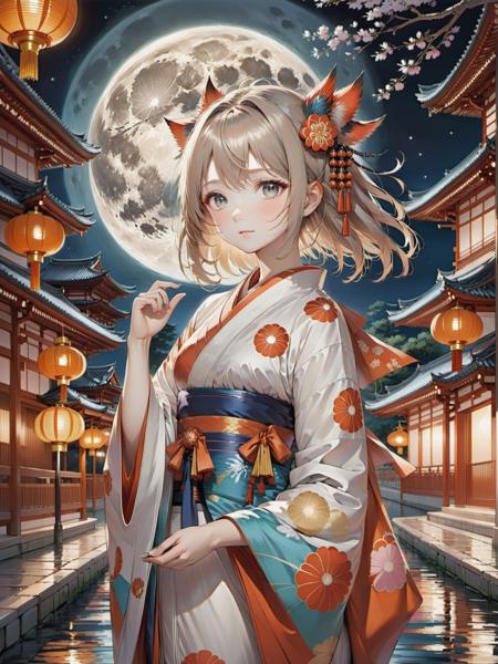 anime 1girl in kimono with a beautiful moon,