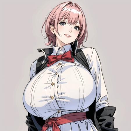 <lora:flat:-1> ,1girl,solo,<lora:animeoutlineV4_16:1> ,<lora:cute_manga_girl_v01:1> ,white theme,pink hair,short hair,(smile:1.2),looking at viewer,(huge breasts), (breasts apart),(naturally sagging enormous breasts:1.4),bad-girl,((mature female)),photorealistic,hires,(close up face:0.4),from front,<lora:add_detail:1>