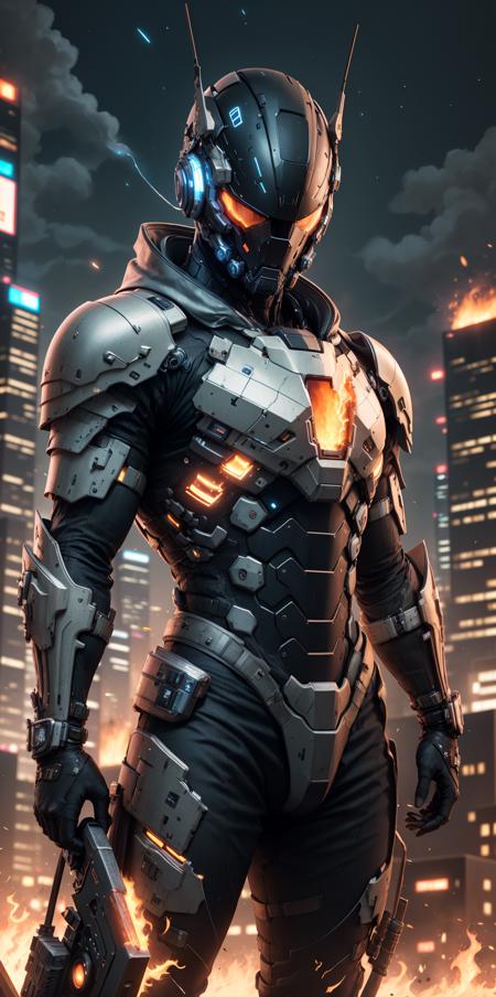 solo,  1boy,  male focus,  sky,  armor,  night,  helmet,  fire,  science fiction,  city,<lora:EMS-273755-EMS:1.000000>