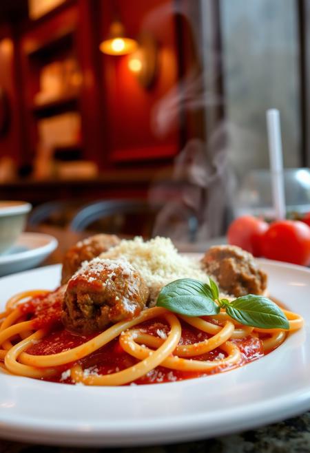 a perfect plate of spaquetti with meat balls, steamy, hot, tomate sauce and cheese, fancy italian counter,