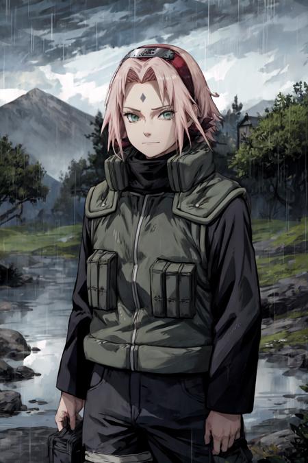 sakura warshippuden, woman, masterpiece, best quality, absurdres, standing , pale skin, smile, sadism, frown, bandaged leg, black pants, green eyes, green vest, long sleeves, bangs, forehead protector, shinobi symbol, forehead mark, looking at viewer, upper body, outdoors, black sky, rain, storm, grey ground, battlefield background, <lora:sakura_shippuden:1>, <lyco:BetterHands:1.0>, <lora:DetailLora:1>