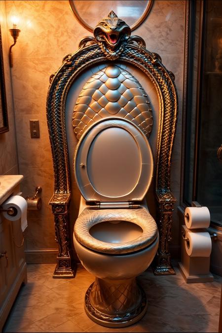 sn4k3. A luxurious bathroom with a pristine toilet resembling a throne, except the seat is covered in smooth, iridescent sn4k3 skin. A tiny, forked tongue flickers from the hinge. The roll of sn4k3 toilet paper. Warm, cozy bathroom lighting with an golden atmosphere.