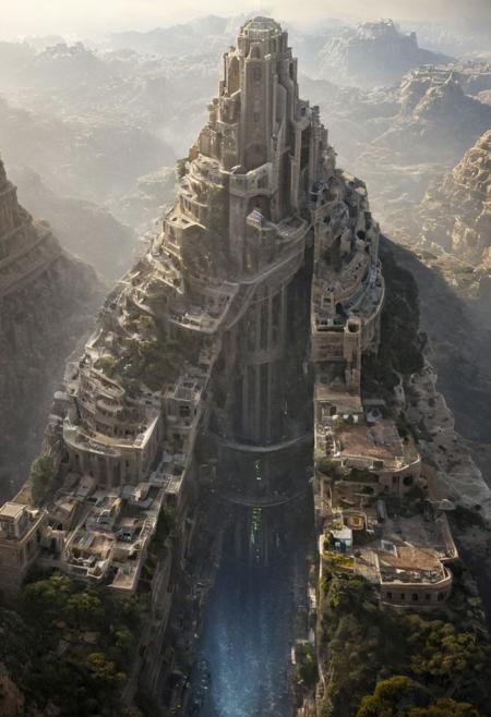 POV view , DOF,
(Ancient civilization, Alien Prometheus movie scene, dune movie scene:1.5), (The colonial city of the future, in the mist-filled Grand Canyon, on an unknown Earth-like planet, 2 moon on sky, Spaceship flight connects colonies, waterfulls:1.3), (Machu Picchu, a mountain settlement, incredibly spectacular:1.2), (Mario Botta:1.3), (avant-garde, future, reality, science fiction, photorealistic), (modern architecture:1.2), White limestone with black granite, fountain, waterfall, landmark, square, path, narrow street,
(Large Files, Ultra Realistic, 8K, 16k, FHD, HD, VFX, Perfect, Photography, composition, Architecture Sales Photography, Architecture Competition, Ultra High Resolution, Cinematography, High Resolution Image:1.1), (dramatic lighting, direct sunlight, ray tracing, clear shadow:1.2),  (real landscape:1.1), (blurred background:1.0), (urban background, more_details) ,
great lighting, clear, hillscastel, <stardeaf-cold-arc>, xtower, industrialbuilding