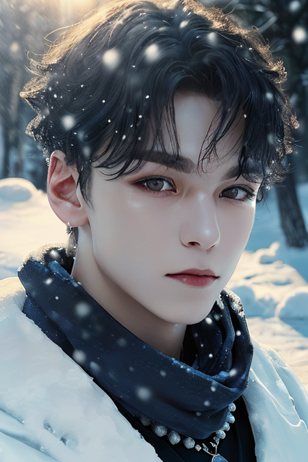 1boy,(close-up:1.4),(winter ,snowy:1.2),(RAW photo:1.2), (photorealistic:1.4),(masterpiece:1.3),(best quality,1boy:1.4),(detailed eyes),(detailed facial features), (detailed clothes features) solo, black hair, black eyes, crystal pendant, Long blue scarf,White long wool coat,(detailed face), grunge,(high detailed skin:1.2),soft lighting, high quality,