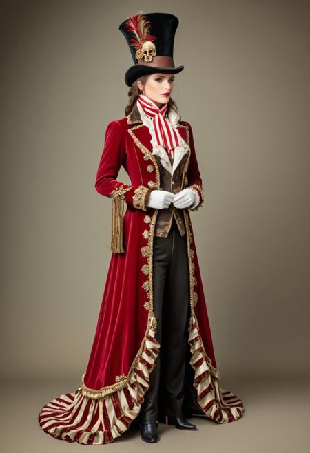 Vintage,
Steampunk character in a floor-length velvet coat, gold tassels, embroidered snowflakes, leather top hat with skull emblem, red-and-white striped details, ruffled scarf, and feathered accents.  Cast bronze surface, vibrant complimentary colors, antique patina finish, contrasting colors, balanced tones.