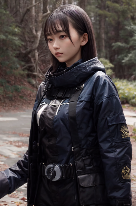 Sakurai Sara, long hair, bang, a jacket, and blue coat, black shorts,