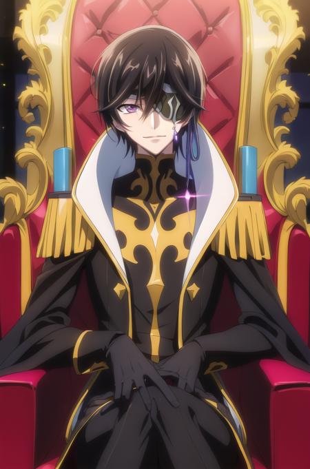 (Night:1.7), Castle,
sitting at attention,sitting on throne,(Close-Up),
yellow and black outfit ,holding_staff,black coat,cape ,gloves,
<lora:Julius_Kingsley_Code_geass-KK77-V1:0.7>,lelouch_lamperouge,jewelry,
black_hair,purple_eyes,eyepatch,
1 man, 20yo,male,Beautiful FingerBeautiful body,Beautiful Nose,Beautiful character design, perfect eyes, perfect face,
looking at viewer,
NSFW,official art,extremely detailed CG unity 8k wallpaper, perfect lighting,Colorful, Bright_Front_face_Lighting,
(masterpiece:1.0),(best_quality:1.0), ultra high res,4K,ultra-detailed,
photography, 8K, HDR, highres, absurdres:1.2, Kodak portra 400, film grain, blurry background, bokeh:1.2, lens flare, (vibrant_color:1.2)