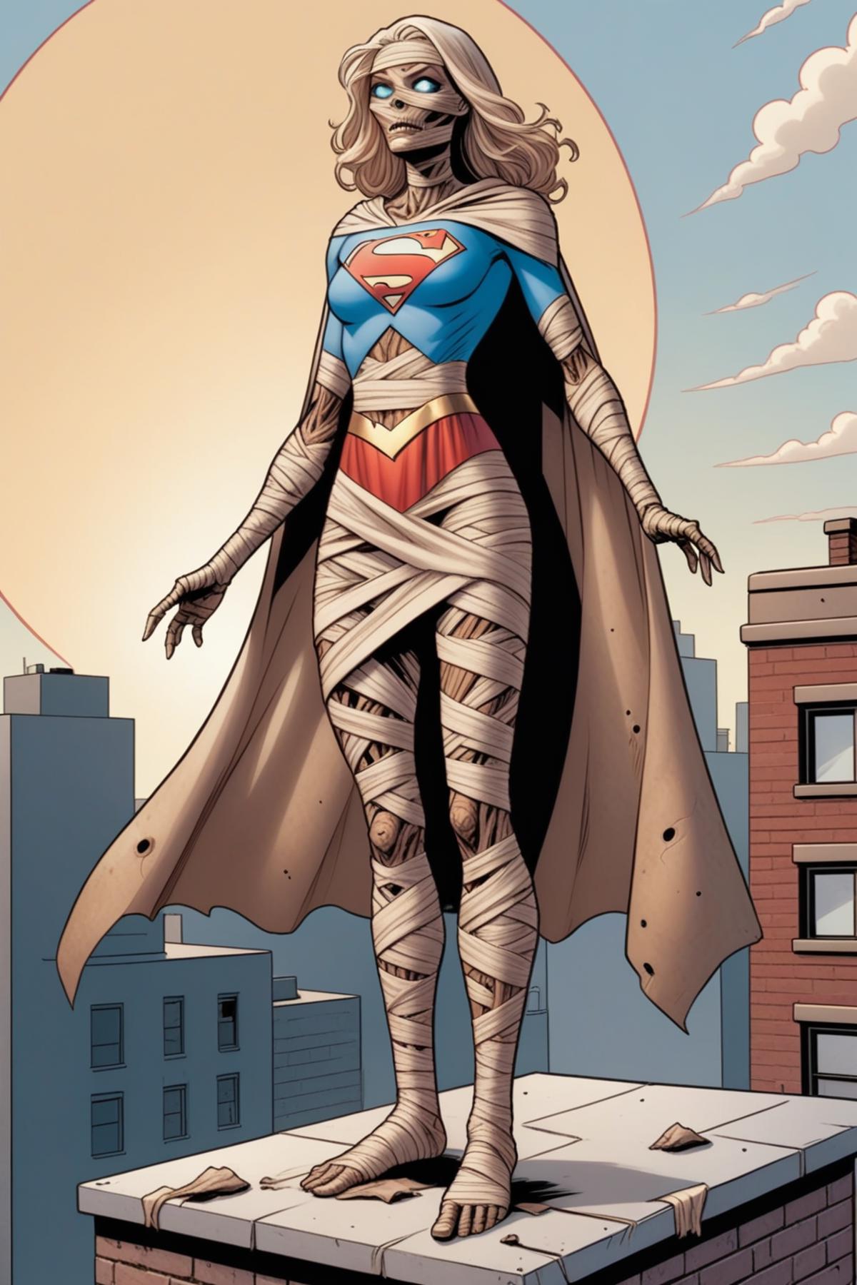 A Super Woman comic book illustration with a blue and red costume.
