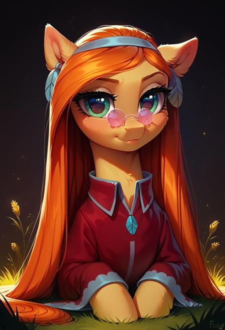 score_9, score_8_up, score_7_up, zPDXL3, high details, masterpiece, my little pony, 1girl, solo, cowboy shot
BREAK wheat_grass_mlp, feral, pony, tail, sexy, detailed fur, fluffy, eye lashes, lidden eyes, (perfect eyes:1.1), green eyes, orange hair, yellow body, cute, youthful, adorable, flirty expression, raised eyebrow, long hair, small round sunglasses, peace sigh earrings, red shirt