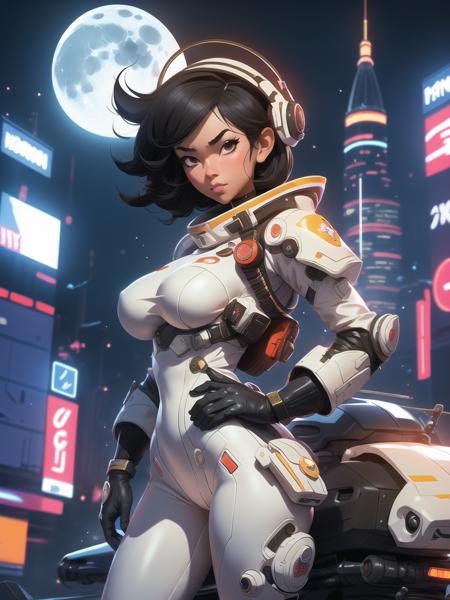 nijistyle, cowboy shot of giant lady in white bodysuit, short black hair, hands on hips, ruined city, helicopter in sky, night, particles, fog, moon, science fiction