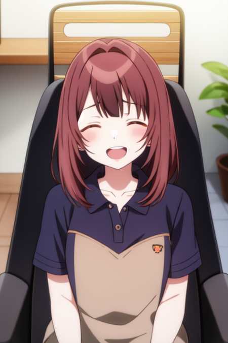 inazukinozomi, dress, closed eyes, polo shirt, teeth, socks, :d, chair, collarbone