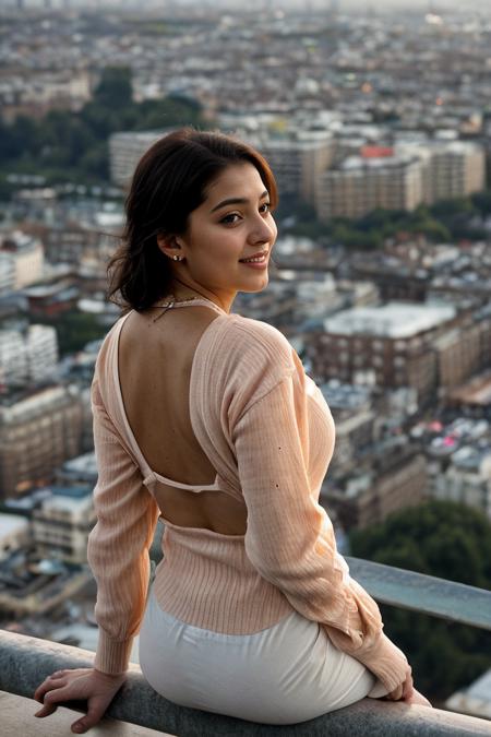 extreme high angle of cleavage from behind and nipples from above, candid amateur photo (pakistani woman:1.1), (ss_highangle:1.2), from behind, (from above:1.1), pov, dynamic angle, look back,  (high angle:1.4), <lora:DollFaceTurn_v2:1> (view over shoulder:1.2), (view down blouse:1.3), (view from above at cleavage:1.3), knowing smile, downblouse, london, cityview, iconic skyline, , <lora:add_detail:0.5>, <lora:real_skin:0.7> (dark:0.8) skin,, RAW photo, 8k uhd, dslr, soft lighting, high quality, film grain, Fujifilm XT3, lr