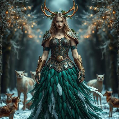 A powerful and ethereal look inspired by a warrior goddess who protects the winter forest. The outfit combines elements of nature and fantasy armor: a bodice made of interwoven holly leaves and bark-like leather, with metallic accents resembling icicles. The skirt is a cascade of long, flowing feathers in shades of emerald green and frosty white, resembling a snow-covered forest. The model wears a headdress of antlers adorned with glowing fairy lights and mistletoe, and her arms are wrapped in golden bracers engraved with snowflake patterns. She stands in an enchanted forest, with animals like deer and owls gathering around her. Keywords: warrior, holly, feathers, antlers, snowflake, mistletoe, enchanted forest, armor
