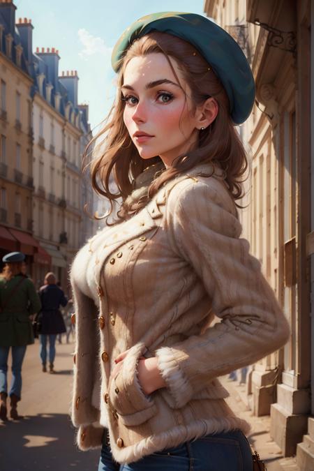 low angle of stunning 25 year old woman wearing a beret and mohair jacket in 1969 Paris, looking away from camera, portrait taken by David Lazar, portrait by Joel Santos, Portrait by Steve McCurry  <lyco:nclrdfsn-000010:0.5>