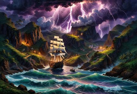 Oil pastel landscape scene where sea waterspout storm with lightning is the focal point. The storm dominates the skyscape while in the foreground a tall pirate sailboat in a steep mountain pass. ((Highest quality: 1.0), (High resolution: 1.0), (masterpiece: 1.0), beautiful and aesthetic: 1.3), extremely detailed, colorful, very detailed, ((ultra-detailed)), (highly detailed CG illustration), ((Dark and purple hues, shadow, mysterious,)),
