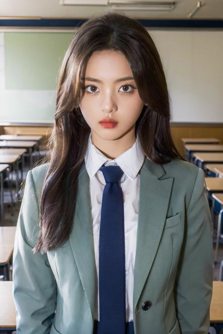 masterpiece,best quality,1girl,upper body,looking at viewer, 
standing,
classroom, school uniform, necktie, blue jacket, 
<lora:chaoyue:1>