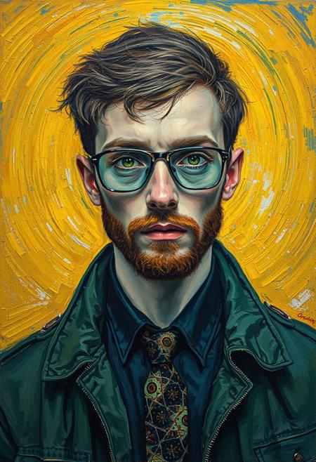 A vibrant post-impressionist portrait in the style of Vincent van Gogh, featuring [young man with dark blond grunge hairdo, aviator glasses, green eyes, Slavic appearance] wearing [green jacket, black shirt, tie with Rorschach test], with expressive brushstrokes, swirling background in warm yellows and deep blues, thick textured oil paint, visible impasto technique, starry night sky elements, masterpiece