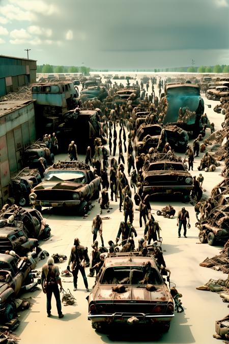 Rusting junkyard, survivors assembling and modifying vehicles into armored machines, preparing for a final desperate escape. ,screen cap from George A. Romero's Twilight of the Dead" , twilight_of_the_dead