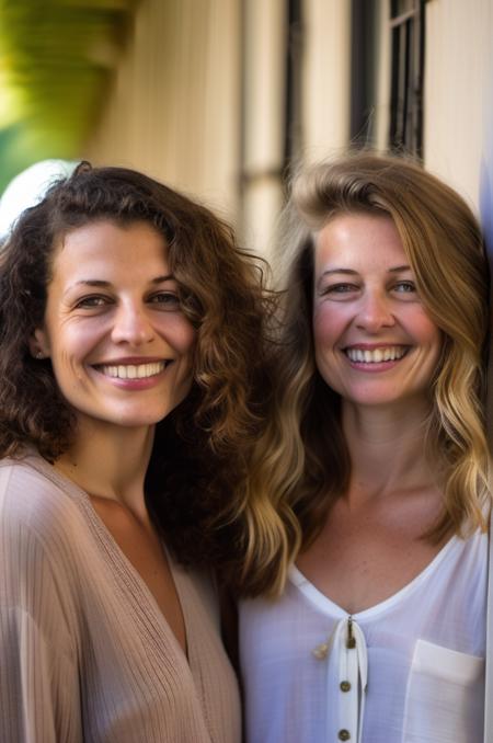 In an endearing close-up photograph, two close young european and brazilian woman, with radiant smiles and sparkling eyes, stand cheek to cheek, looking directly at the viewer. The genuine bond between them is evident in their warm expressions. The background, beautifully blurred through a high depth of field, accentuates the focus on their heartfelt connection. Captured in a Photographic style with a 50mm prime lens, ensuring exquisite facial details and a natural perspective that brings out the authenticity of their friendship.