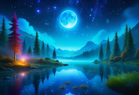 Surrealism, neo-CGI, A surreal, ethereal landscape under a starry night sky, with vibrant colors blending in abstract forms. The scene should feature a glowing moon casting light over a mystical forest, with trees that seem to pulse with energy. A tranquil lake reflects the sky, and soft wisps of mist float across the water. In the distance, mountains loom, their peaks barely visible through the haze. The atmosphere should feel dreamlike, calm yet full of wonder, with glowing fireflies and a soft, otherworldly light illuminating the scene." ethereal fantasy hyperdetailed mist Brian Kilgalen, ethereal fantasy, accurate, refined, defined, highly detailed, follow negative prompts,