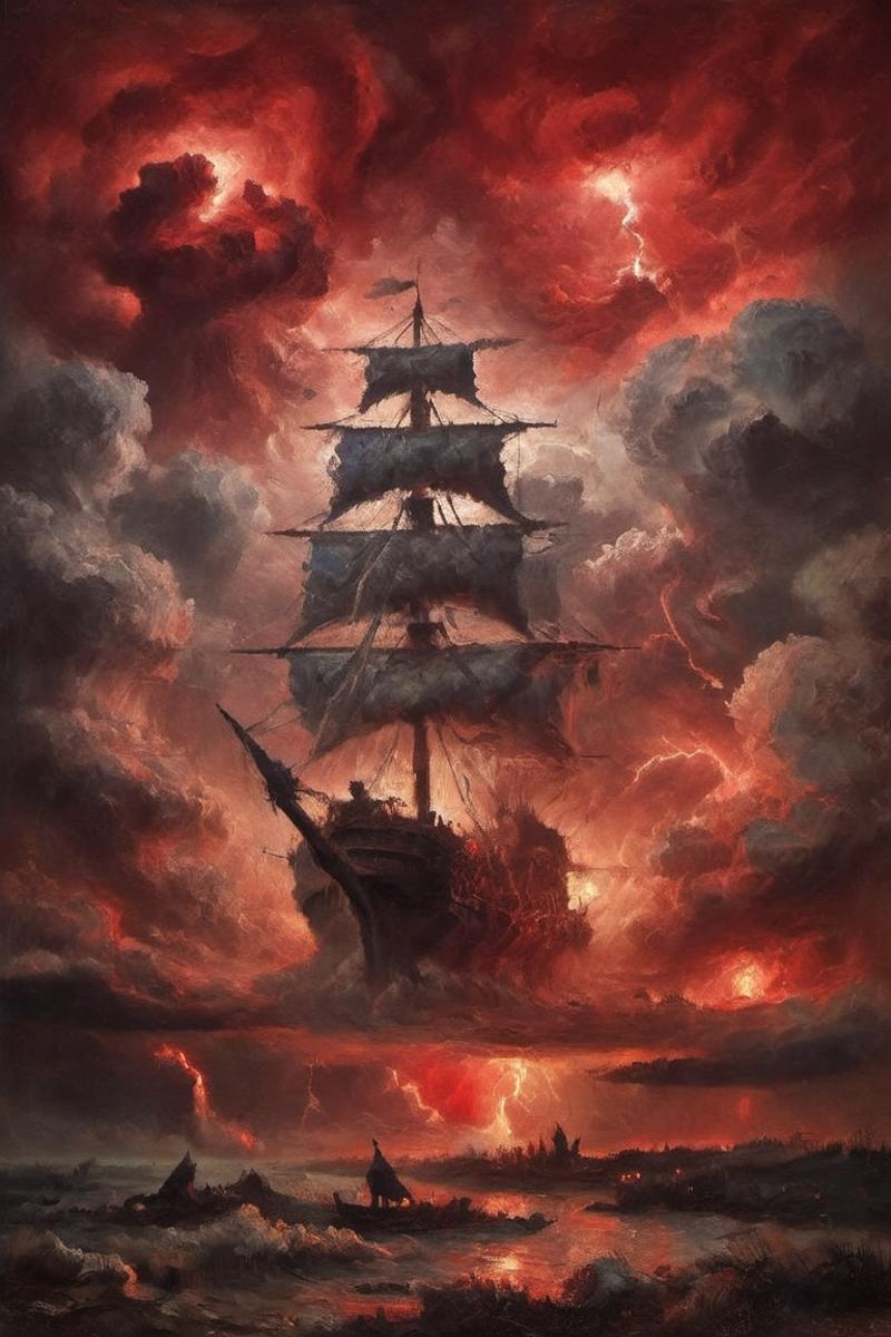 A painting of a large sailing ship with a stormy sky and lightning in the background.