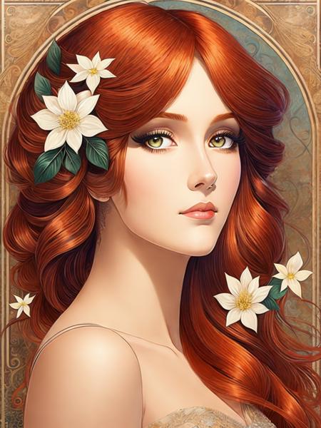 <lora:AlphonseMucha:1>a woman with long red hair and flowers in her hair is featured in an art nouveau style by Alphonse Mucha