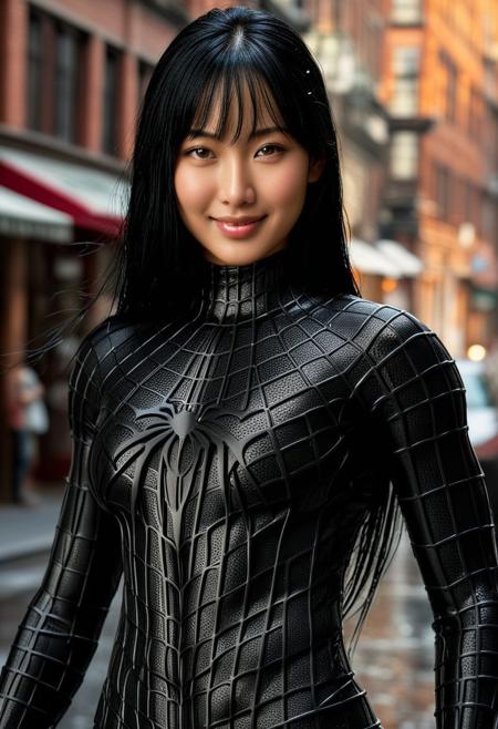 score_9, score_8_up, score_7_up, best quality, realistic, masterpiece, beautiful detail, hyperrealistic, cafe, ((1girl, woman body, huge breasts)), amazing detailed full body portrait of a beautiful japanese girl, wearing a realistic and highly detailed black raimi spider-man suit, ((huge muscular girl)), professional model wears ultra - detailed black raimi spider - man suit, ultra - detailed and grained black raimi spiderman suit, suit covered entire body and hand, black spiderman gloves, wet, (full body), (chilling pose), smile, black hair, octane render, highly detailed, volumetric, dramatic lighting, (highest quality:1.1), (HDR:1.3), (top quality, best quality), realistic, high definition, Expressionism - sharp focus, professional photography, masterpiece, ultra detailed photograph, high quality, 8k,