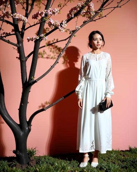 a woman in a white dress standing in front of a tree with flowers on it's branches and a pink background,full body, socks,