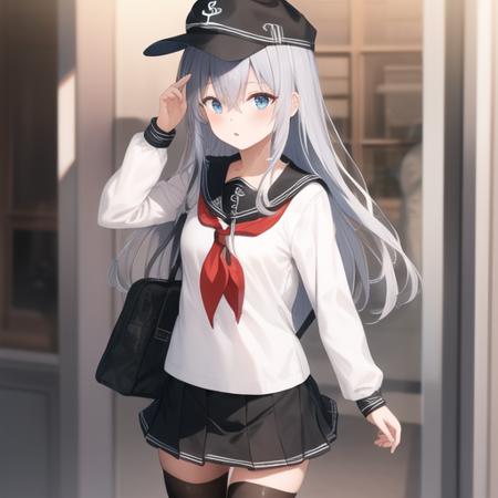 (masterpiece, best quality:1.2),illustration,8k,hd,1girl,solo,upper body,(portrait:1.2),hat,thighhighs,skirt,white serafuku,neckerchief,long hair,school uniform,blue eyes,flat cap,black thighhighs,pleated skirt,anchor symbol,sailor collar,grey hair,long sleeves,hair between eyes,red neckerchief,white hair,black skirt,<lora:Hibiki-V1>