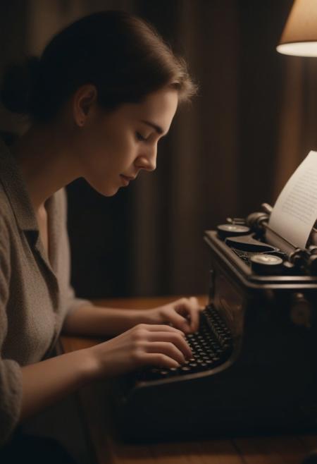 photograph medium shot of Female writer typing on an old typewriter, thoughtful, creative cinematic 4k epic detailed photograph shot on nikon detailed bokeh cinematic study warm moody