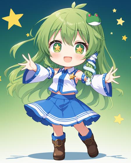 kochiya sanae,1girl, solo, chibi, detached_sleeves, open_mouth, boots, smile, frog_hair_ornament, snake, blush, outstretched_arms, star_\(symbol\), hair_tubes, skirt
<lora:kochiya_sanae_image8584_2023-12-17:1>,star-shaped_pupils,symbol-shaped_pupils,. gorgeous,key visual, vibrant, studio anime,award-winning, professional, highly detailed,high budget, cinemascope