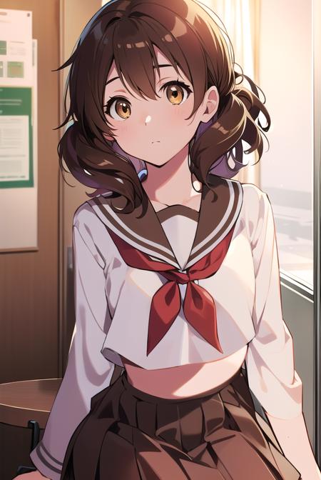 kumikooumae, <lyco:kumikooumae-LYCORIStest:1>,
kumiko oumae, (brown eyes:1.5), brown hair, short hair, wavy hair, (flat chest:1.2),
BREAK brown shirt, brown skirt, kitauji high school uniform, long sleeves, neckerchief, pleated skirt, red neckerchief, sailor collar, school uniform, serafuku, shirt, skirt, uniform, white sailor collar,
BREAK looking at viewer,
BREAK indoors, classroom,
BREAK <lora:GoodHands-vanilla:1>, (masterpiece:1.2), best quality, high resolution, unity 8k wallpaper, (illustration:0.8), (beautiful detailed eyes:1.6), extremely detailed face, perfect lighting, extremely detailed CG, (perfect hands, perfect anatomy),