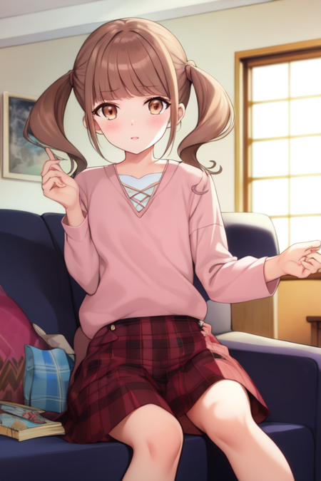 hiramitsuhinata, twintails, casual, sitting, living room