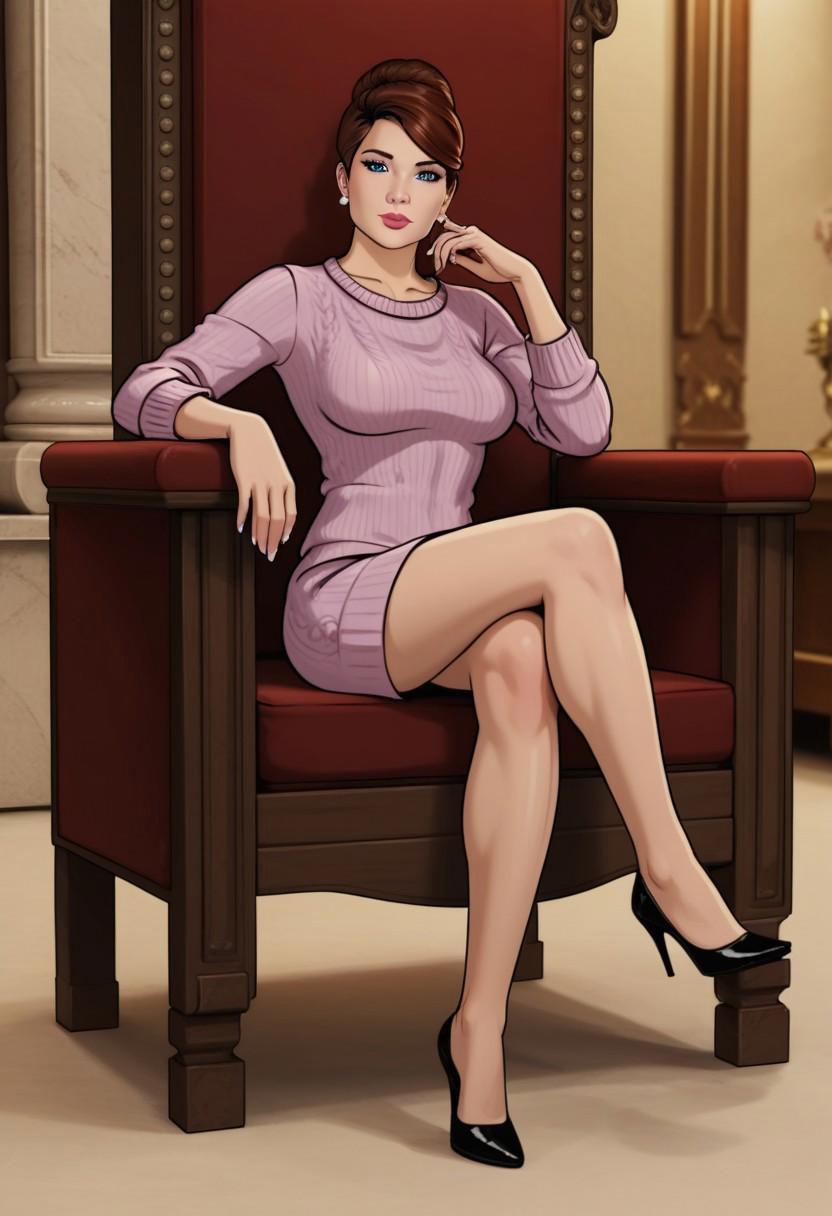 score_9, score_8_up, score_7_up,
1girl, xcherylx, brown hair, single hair bun, blue eyes, jewelry, earrings, lipstick, sweater, skirt, high heels, looking at viewer, sitting, throne, crossed legs, indoors