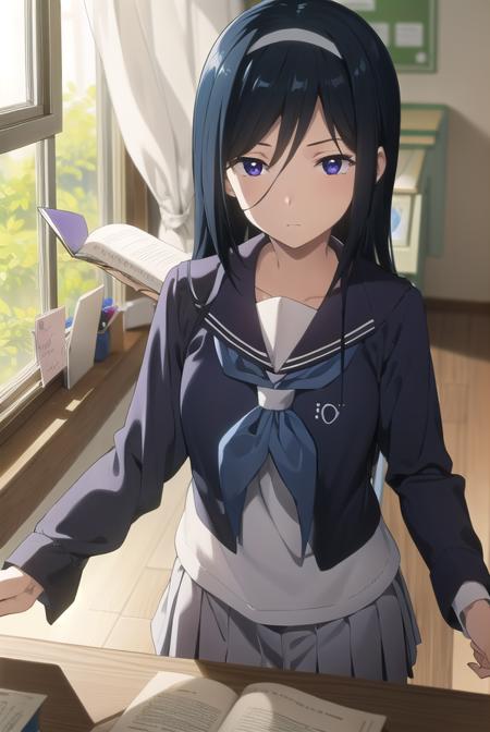 fuyumiirisu, <lora:fuyumi irisu s1-lora-nochekaiser:1>,
fuyumi irisu, long hair, (purple eyes:1.1), black hair, hair between eyes, hairband,
BREAK skirt, school uniform, serafuku, kamiyama high school uniform \(hyouka\), black skirt, long sleeves, black sailor collar,
BREAK indoors, classroom,
BREAK looking at viewer, (cowboy shot:1.5),
BREAK <lyco:GoodHands-beta2:1>, (masterpiece:1.2), best quality, high resolution, unity 8k wallpaper, (illustration:0.8), (beautiful detailed eyes:1.6), extremely detailed face, perfect lighting, extremely detailed CG, (perfect hands, perfect anatomy),