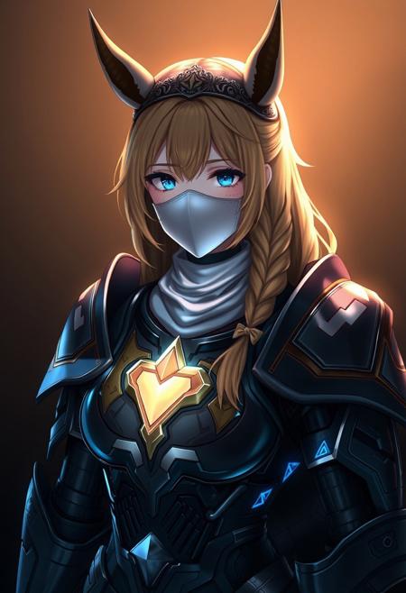 masterpiece, best quality, amazing quality, (realistic:1.3),
1girl, blonde hair, crown braid, (horns:1.4),
armor, pauldrons, (gauntlets:1.1), gold trim,
glowing heart,
faceless mask, white mask,
(looking at viewer:1.2), blue eyes, expressionless,
WCG-Illu,
dark background, sidelighting, atmospheric perspective, dim lighting, underlighting
<lora:Knight_Armor_for_Pony_V2:0.85>
<lora:Exp._Warframe_CGI_Illu_Edition:0.35>
<lora:Dark (Illustrious) v1:1>