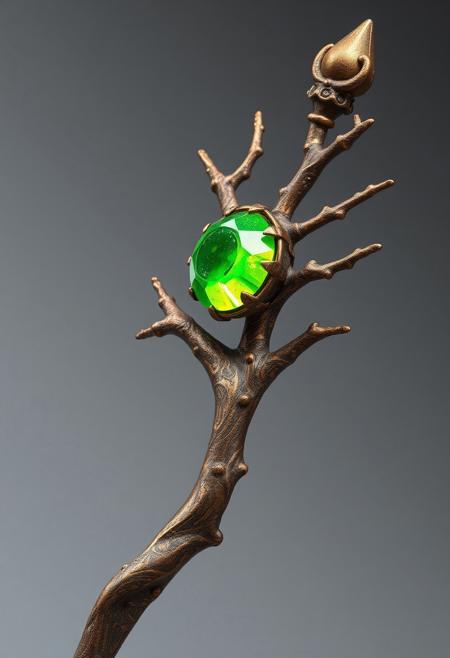 A Highly Detailed Ancient Branch shaped Scepter With A Lime green Gem embedded in it